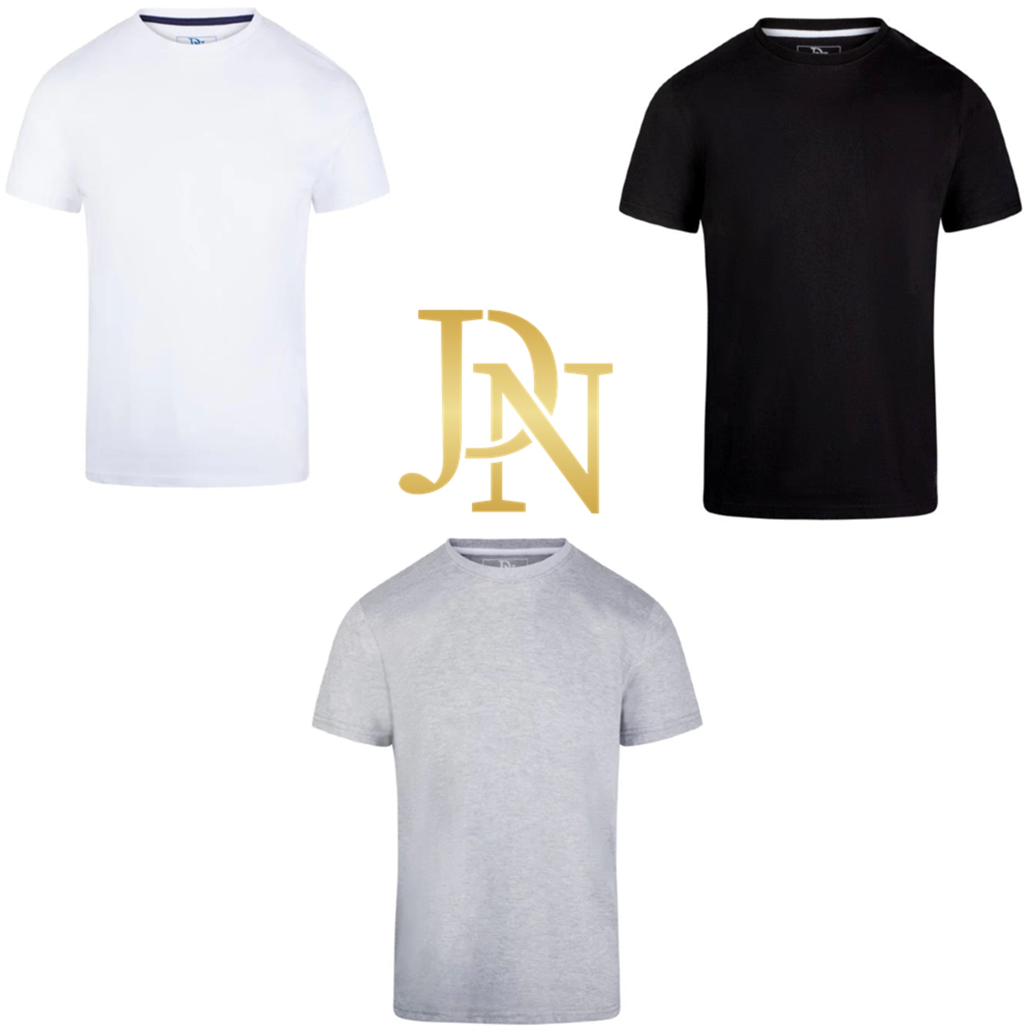 Men's JDN branded premium quality plain t-shirts 3 pack in white, black, and grey